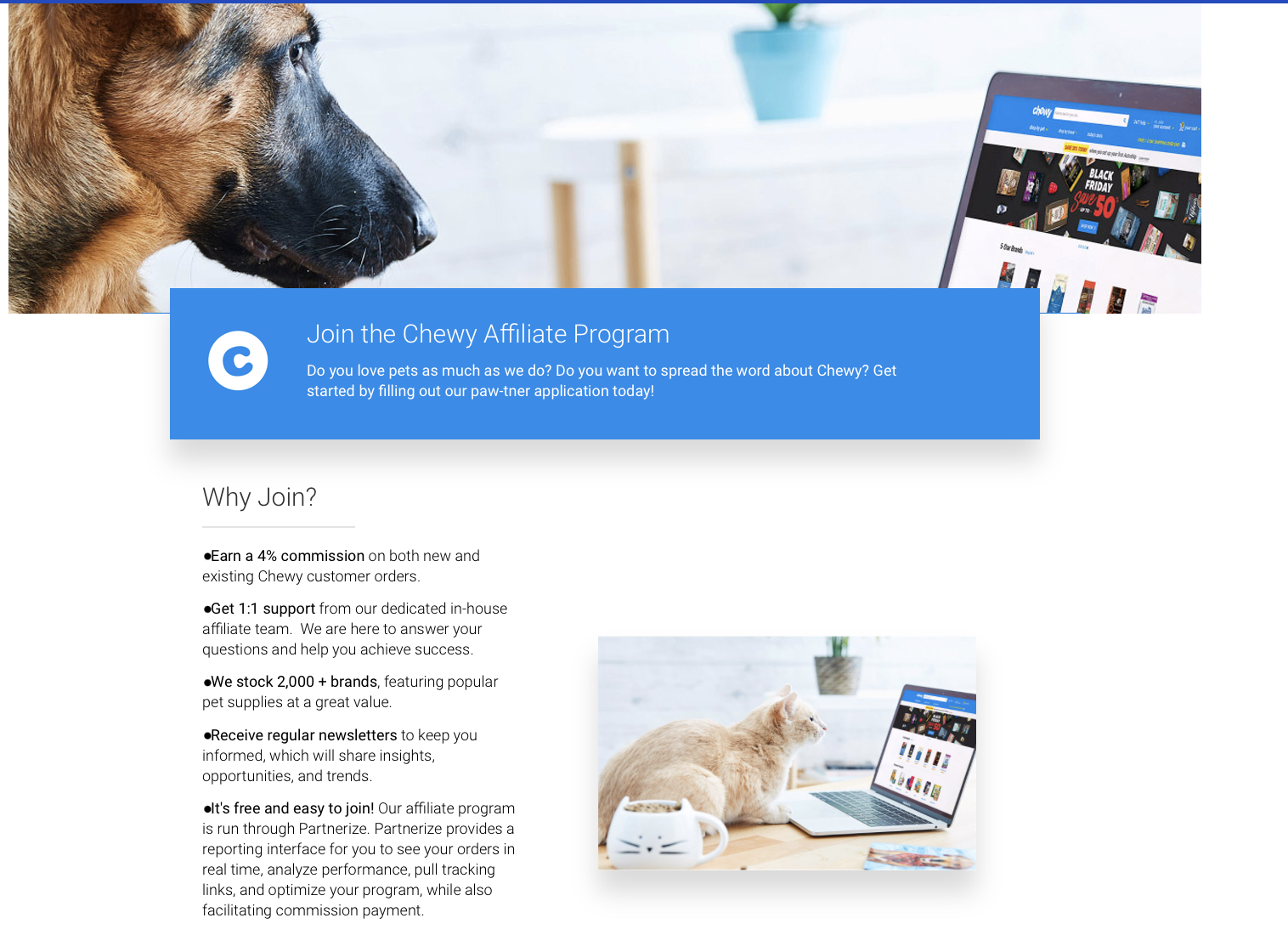 Pet affiliate program landing page for the Chewy brand.