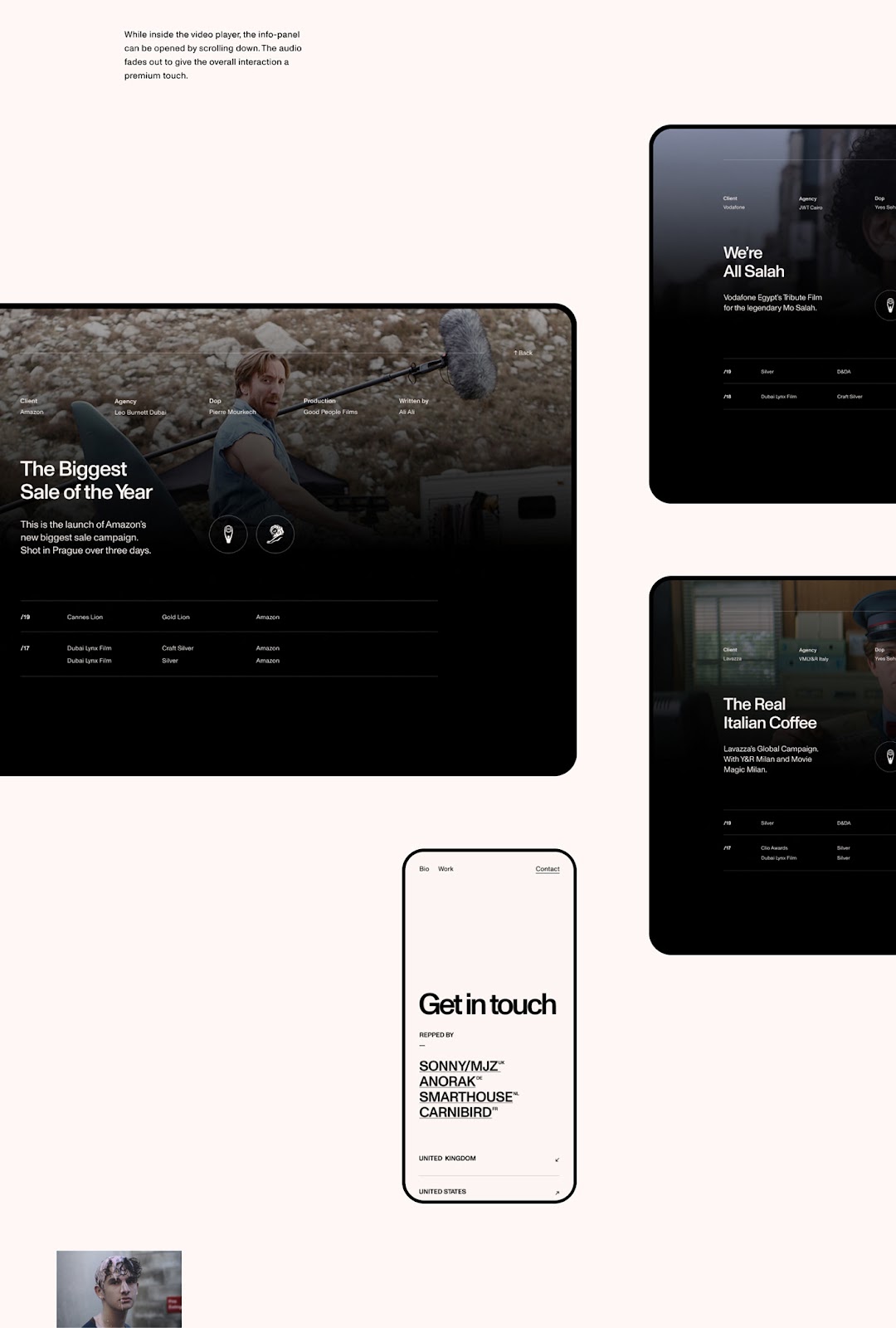 swiss design style portfolio website for a film director, showcasing tablet versions