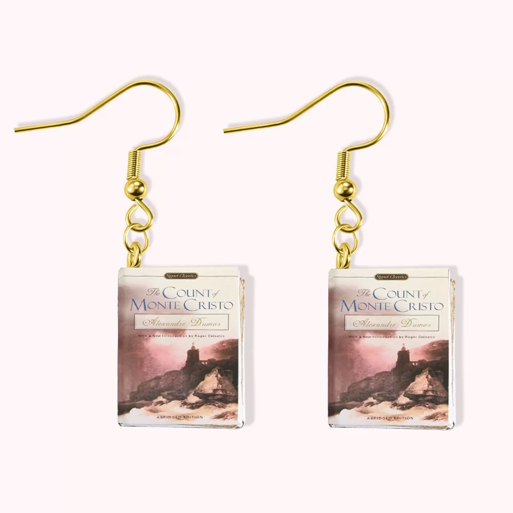 boucles d’oreilles goutte d’eau en forme de couverture de livre, Comte de Monte-Cristo.