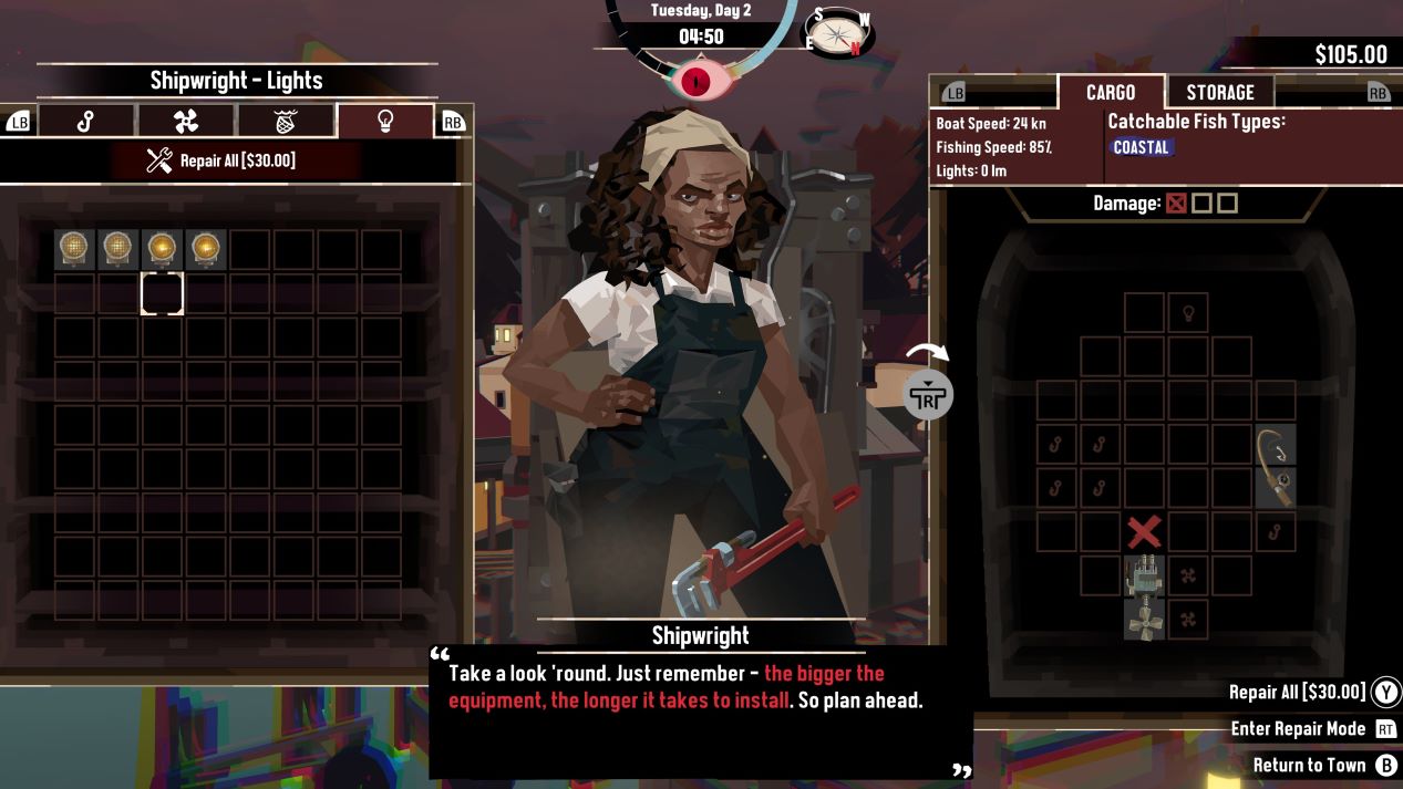 Image shows the shipwright menu. To the left is a mostly empty grid. In the top left are four lights for sale. The top of this menu shows tabs which can be moved to using LB & RB buttons. The other tabs are marked with a fishing rod, a propeller, and a fishing net.
In the centre of the image is the shipwright. She is a black woman, maybe 20-30 years old, wearing black dungarees and a white, short sleeve shirt, and holding an adjustable wrench. Her shoulder length, black hair is held back by a white scarf.
On the right is a similar menu to the left side, showing tabs for Cargo, and Storage. Beneath this are the damage markers, the first of which is filled in. Below is the oval shaped grid which shows a fishing rod, engine and a red x to show where the damage is within the ship.
At the bottom of the screen is a text box which reads:
Shipwright 
"Take a look 'round. Just remember - the bigger the equipment, the longer it takes to install (this part is highlighted in red). So plan ahead."