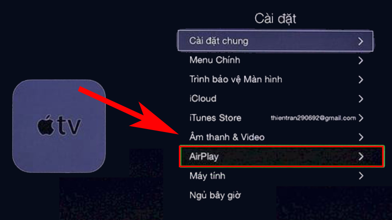 cài đặt apple TV select AirPlay to connect