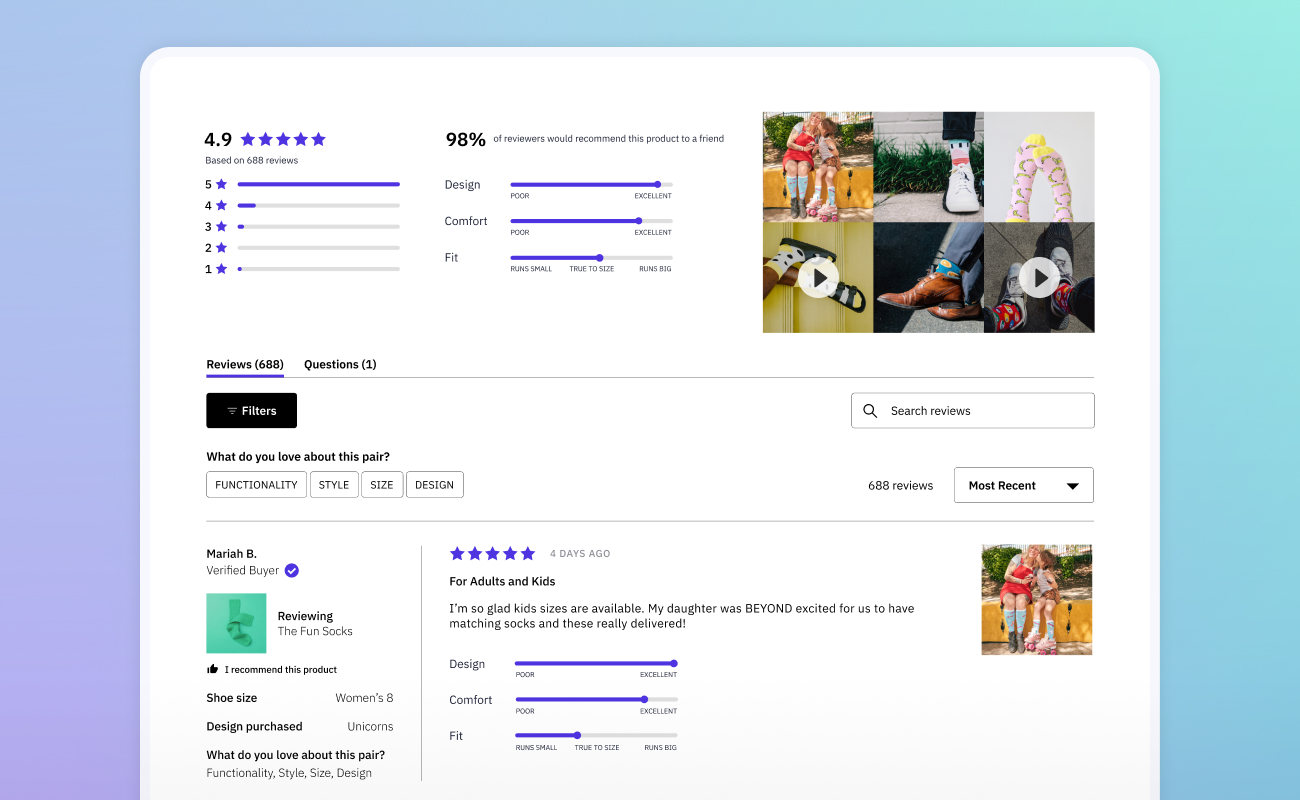 Review widget on a PDP page displaying the average star rating and customer attributes