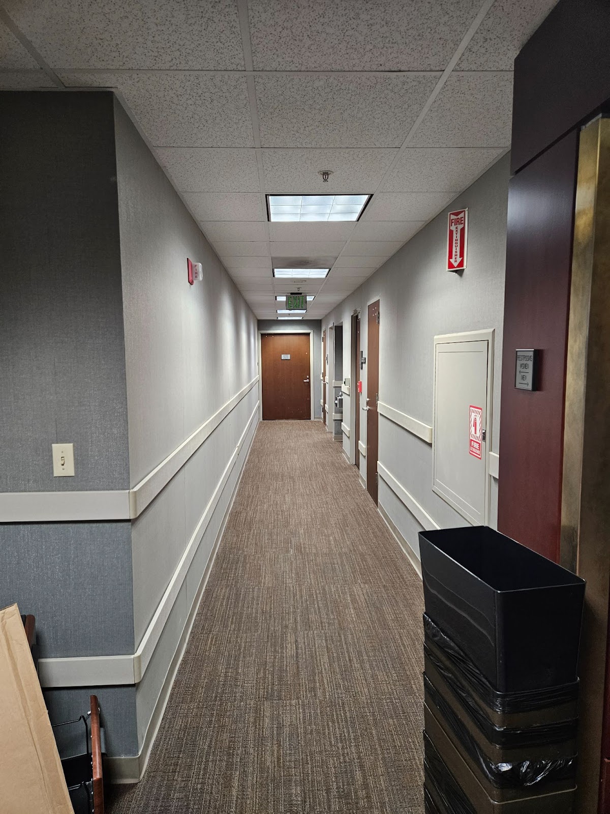 A grey hallway with brown wooden doors. 