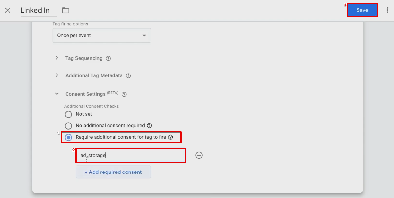 Modifying advanced consent settings of a new LinkedIn Insight Tag in GTM