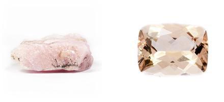 Before and after: a raw Morganite crystal and cut gemstone