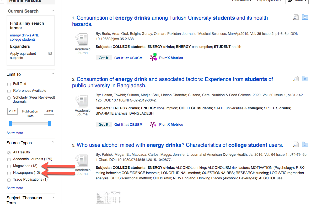 A screenshot showing narrowing by Magazines and Newspapers.