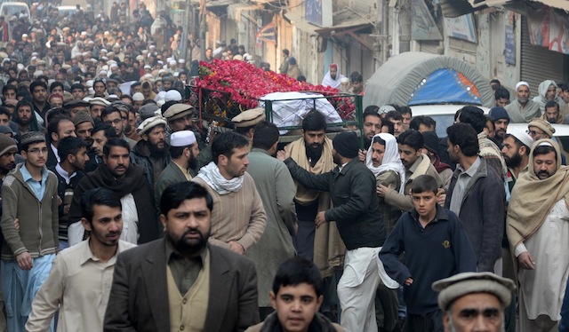 Funeral processions for the deceased students and teachers of a terrorist attack in northern Pakistan drew huge crowds of mourners last December. Credit: Ashfaq Yusufzai/IPS