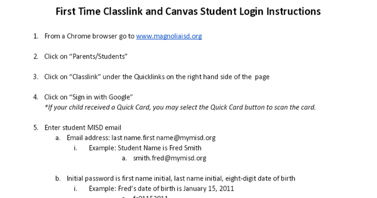 First Time Classlink and Canvas Student Login Instructions