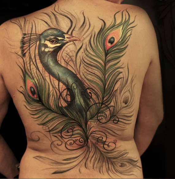 Excellent Full Back Peacock Tattoo Design