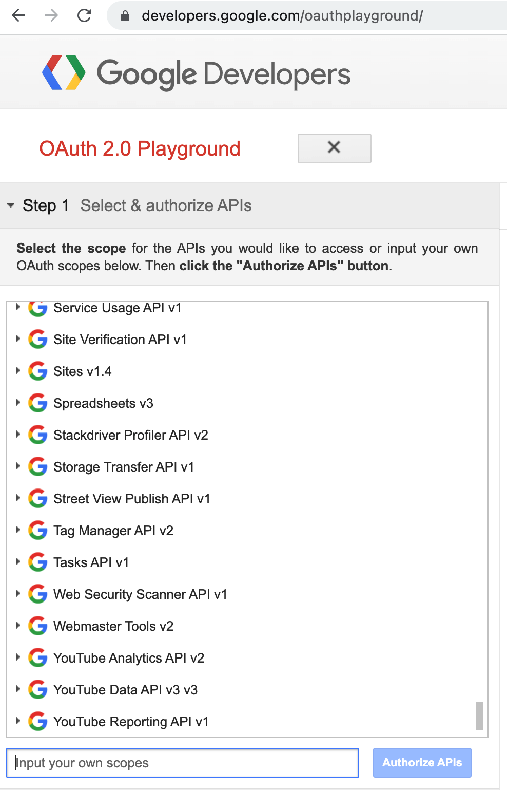 Image of step 1 of the google OAuth playground setup