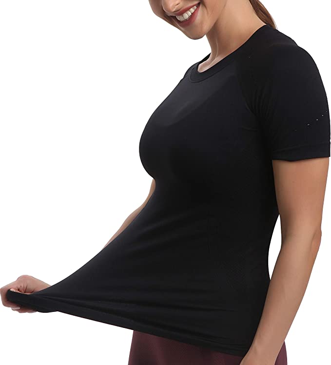 RUNNING GIRL Seamless Workout Shirts for Women Dry-Fit Short Sleeve T-Shirts Crew Neck Stretch Yoga Tops Athletic Shirts