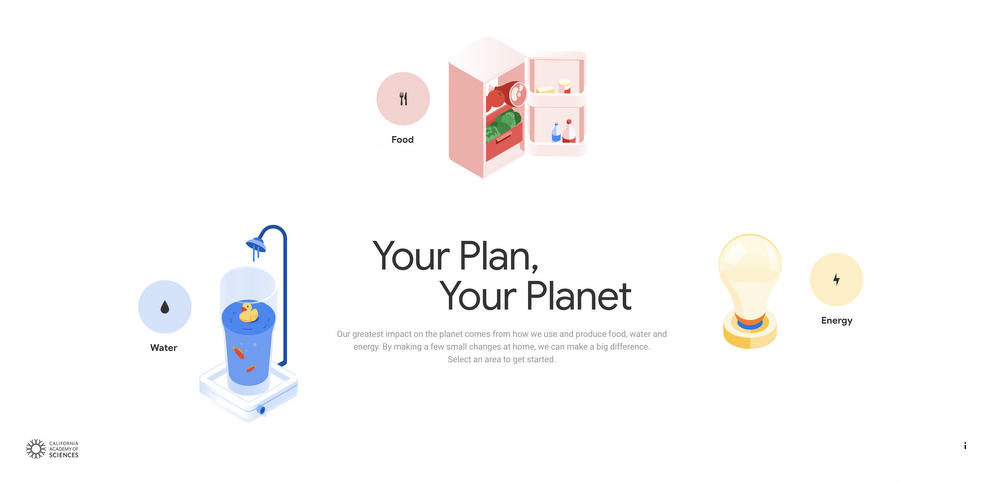 Your Plan, Your Planet と書いてあり、冷蔵庫、シャワー、と電球のイラストがある画像。