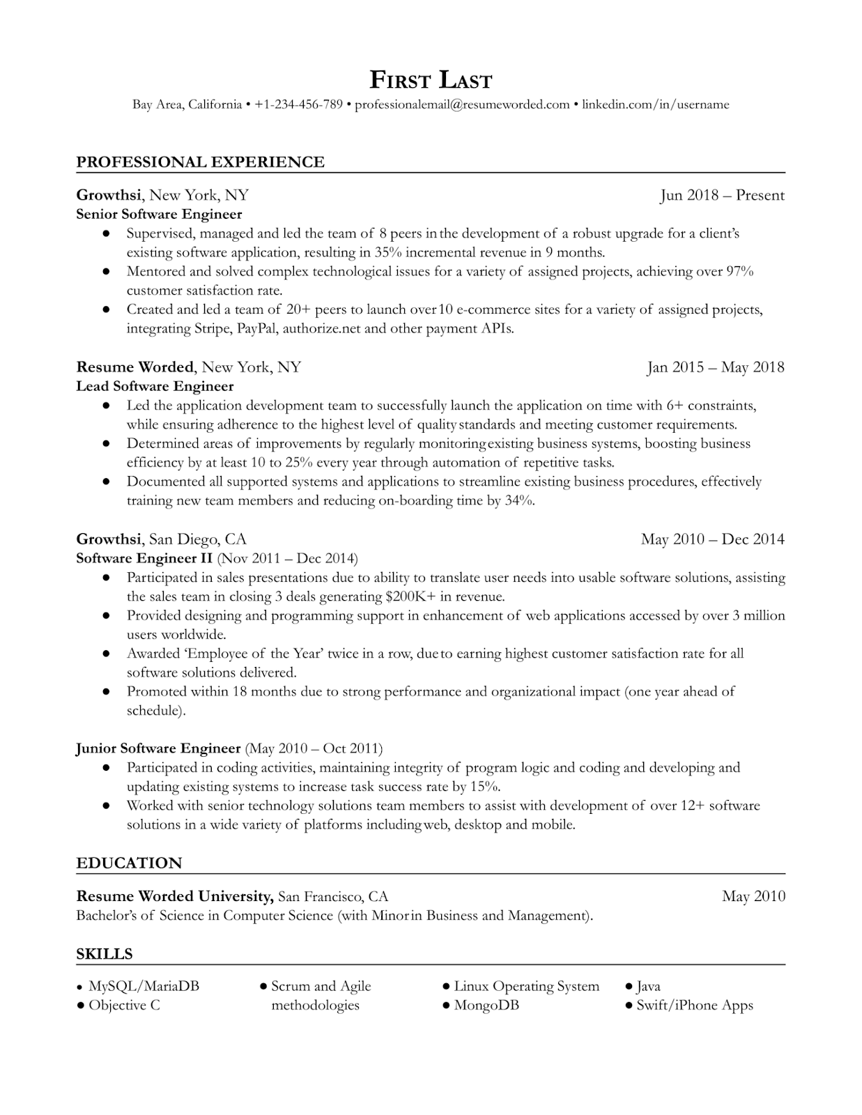 An example of a senior software engineer’s resume with a link to GitHub