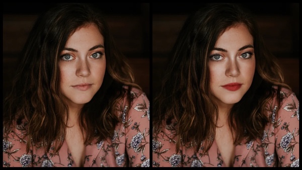 antes e depois da edição da foto onde uma foto a mulher está usando batom vermelho e na outra não