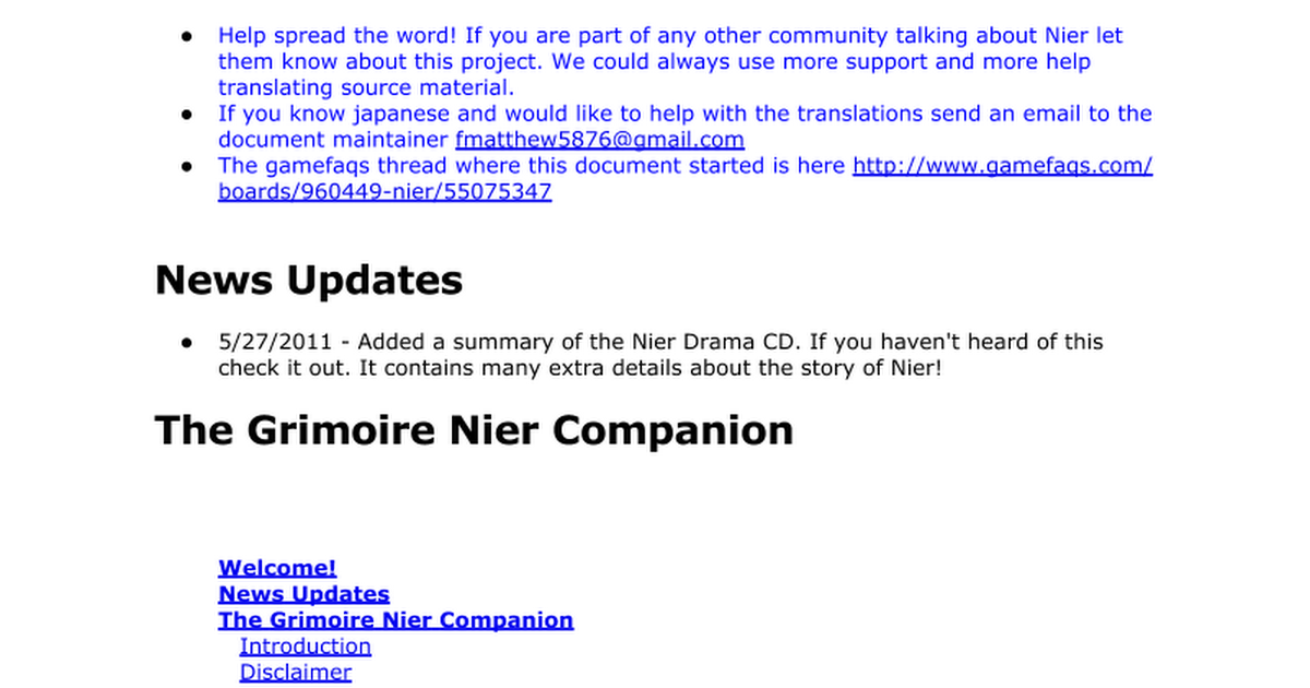 Grimoire Nier Google Docs