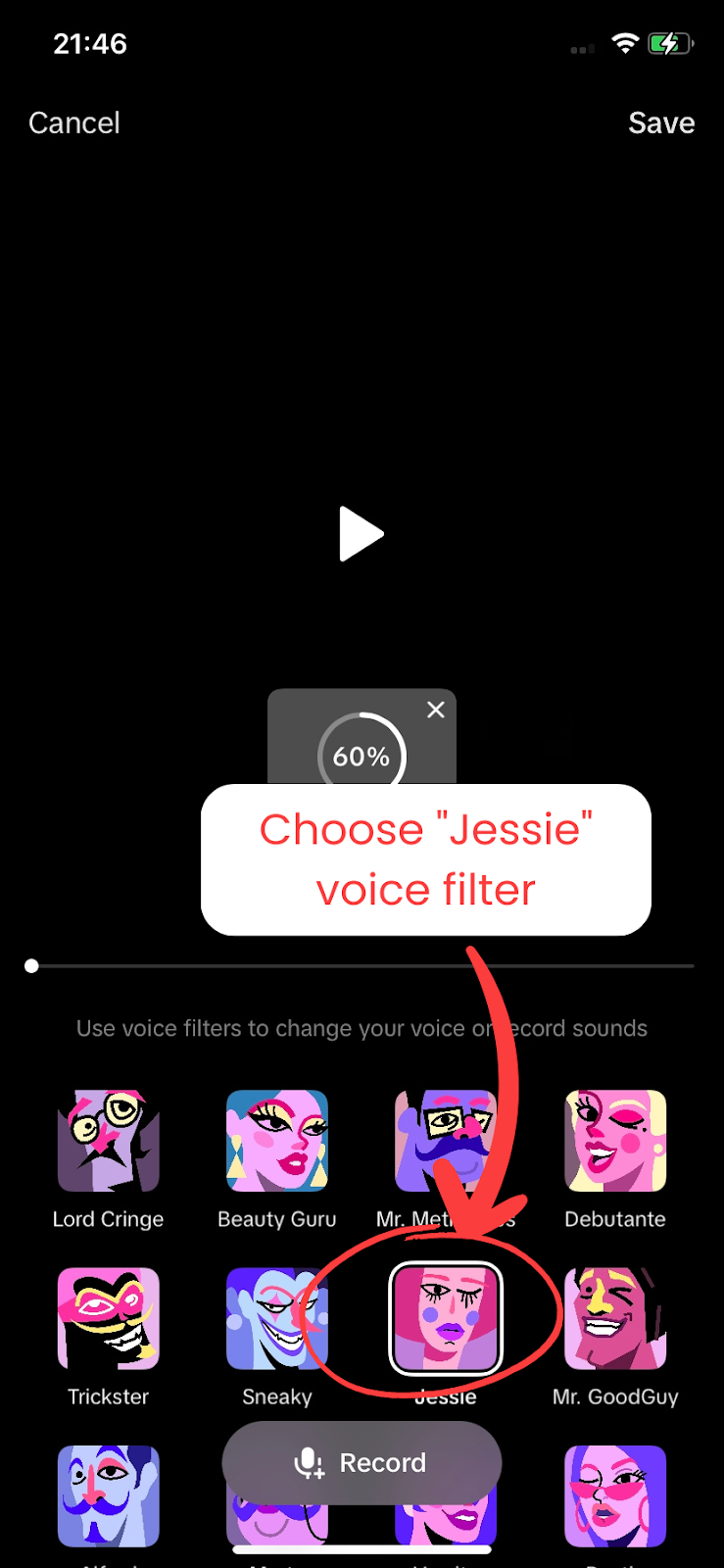 This shows how to choose the Jessie voice filter in TikTok APP