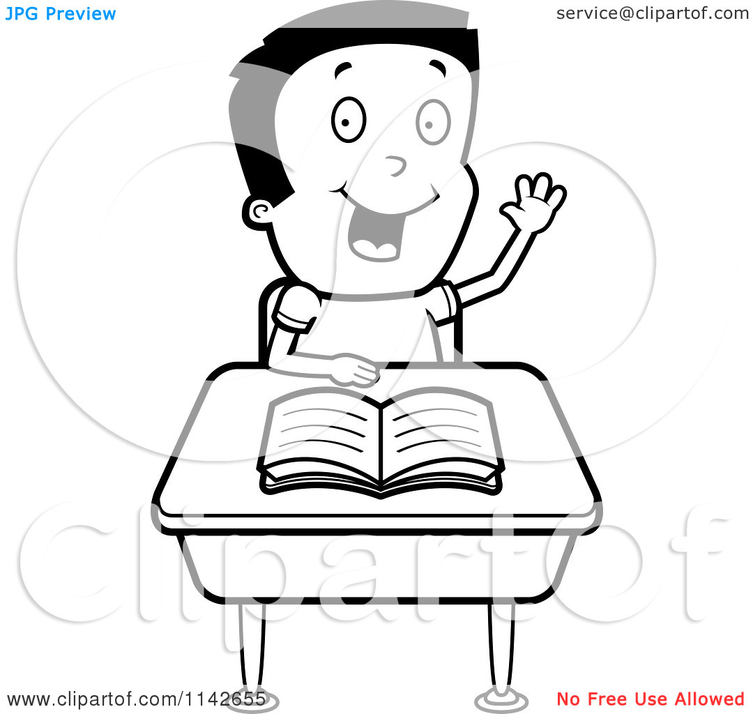 Cartoon-Clipart-Of-A-Black-And-White-Smart-School-Boy-Raising-His-Hand-At-A-Desk-Vector-Outlined-Coloring-Page-10241142655.jpg