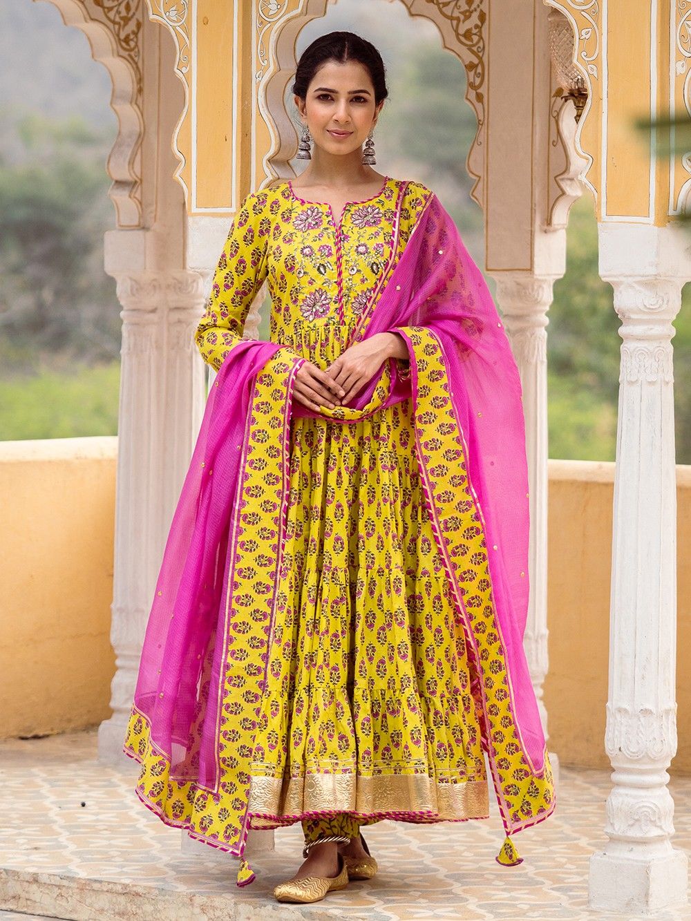 the loom - Yellow Pink Printed Cotton Anarkali Suit