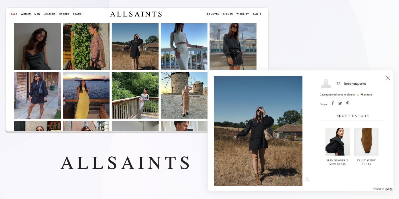 Página de la galería de AllSaints, redes sociales que se pueden comprar