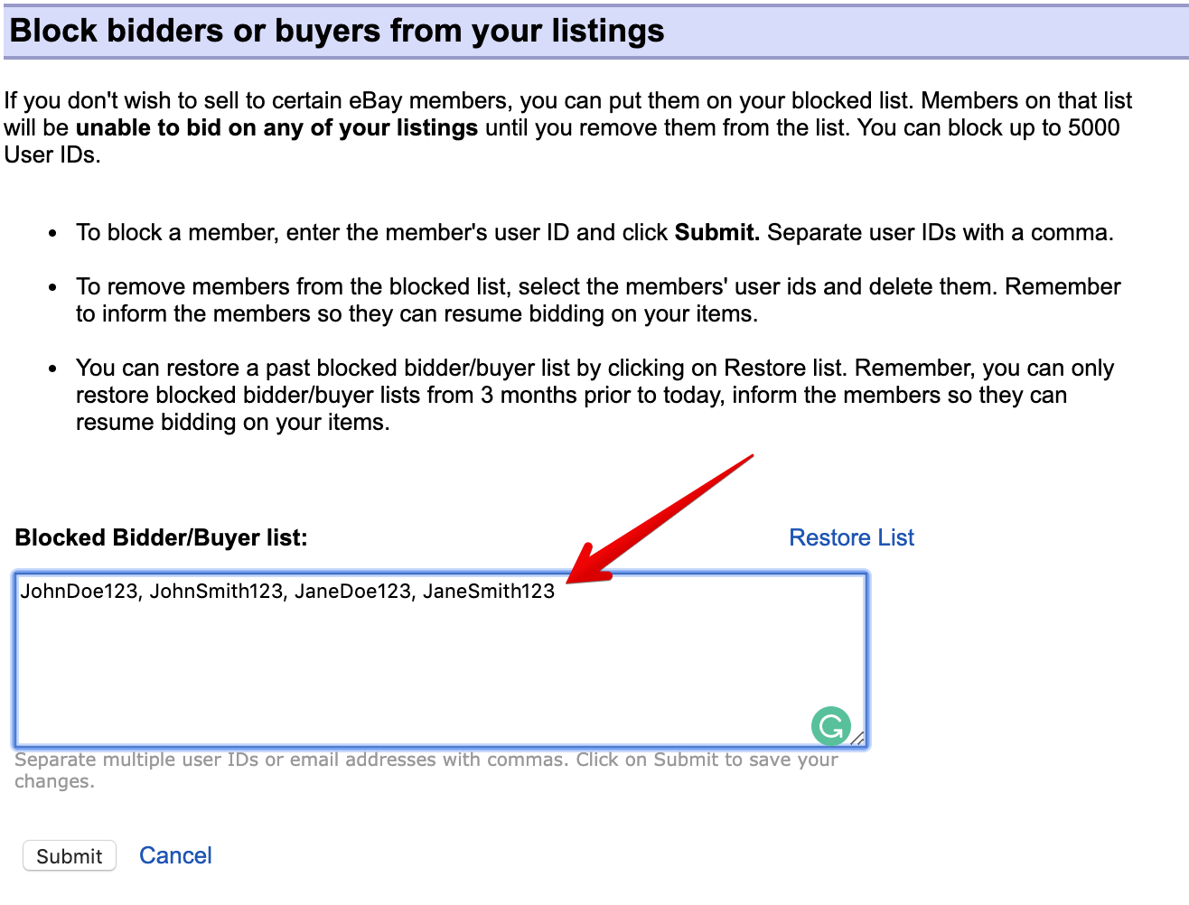مستخدم eBay يدخل أسماء مستخدمين لحظره
