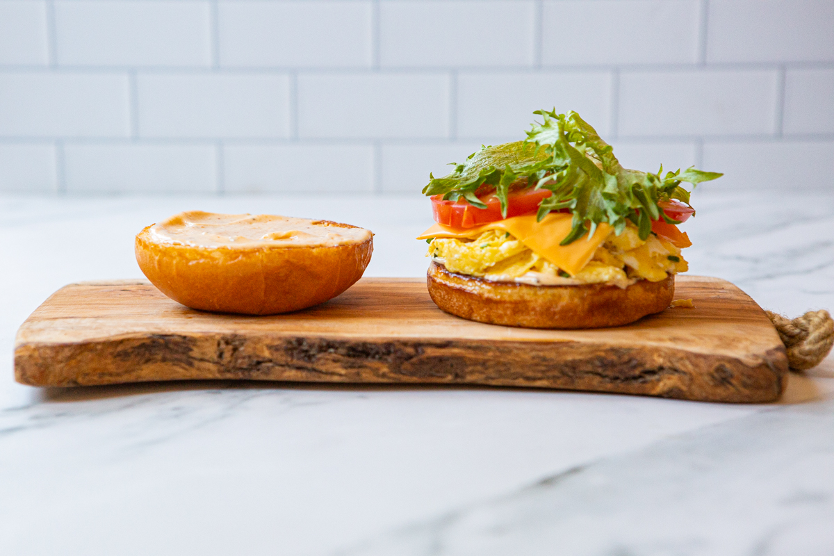 assembled brioche breakfast sandwich