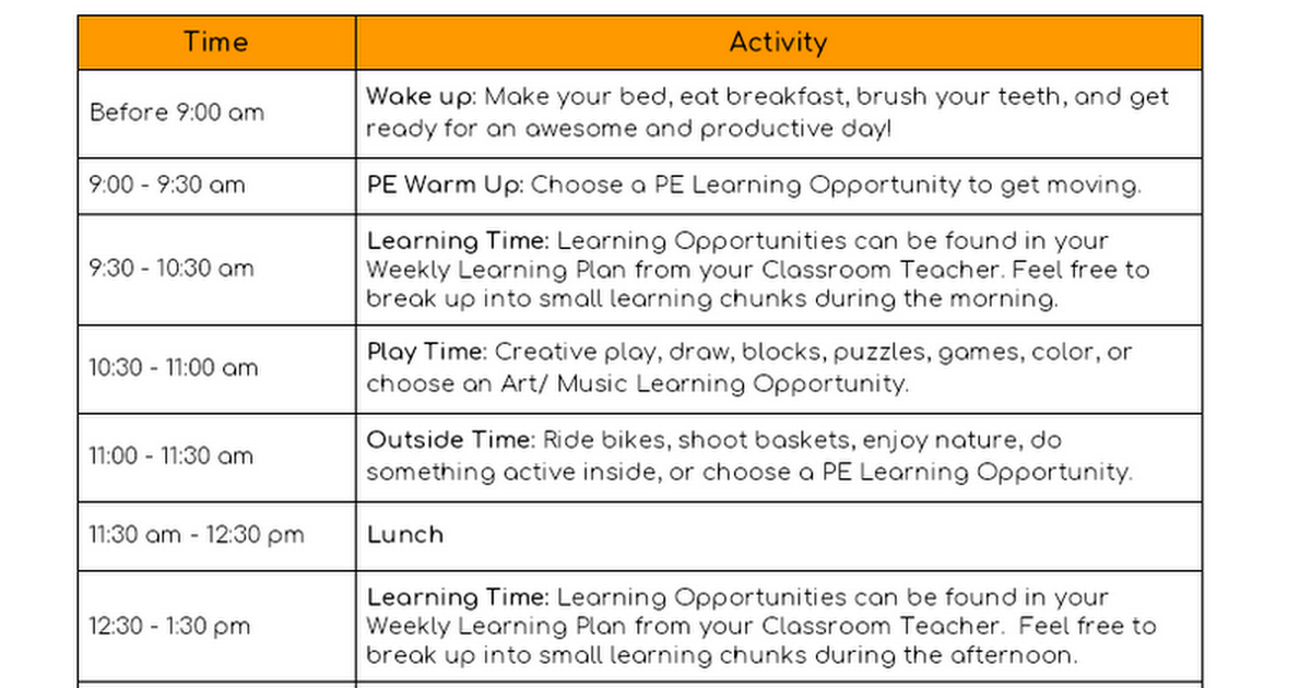  3 -4  Sample Daily At Home Learning Schedule