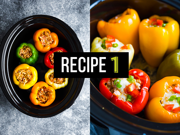 collage image of stuffed peppers in slow cooker