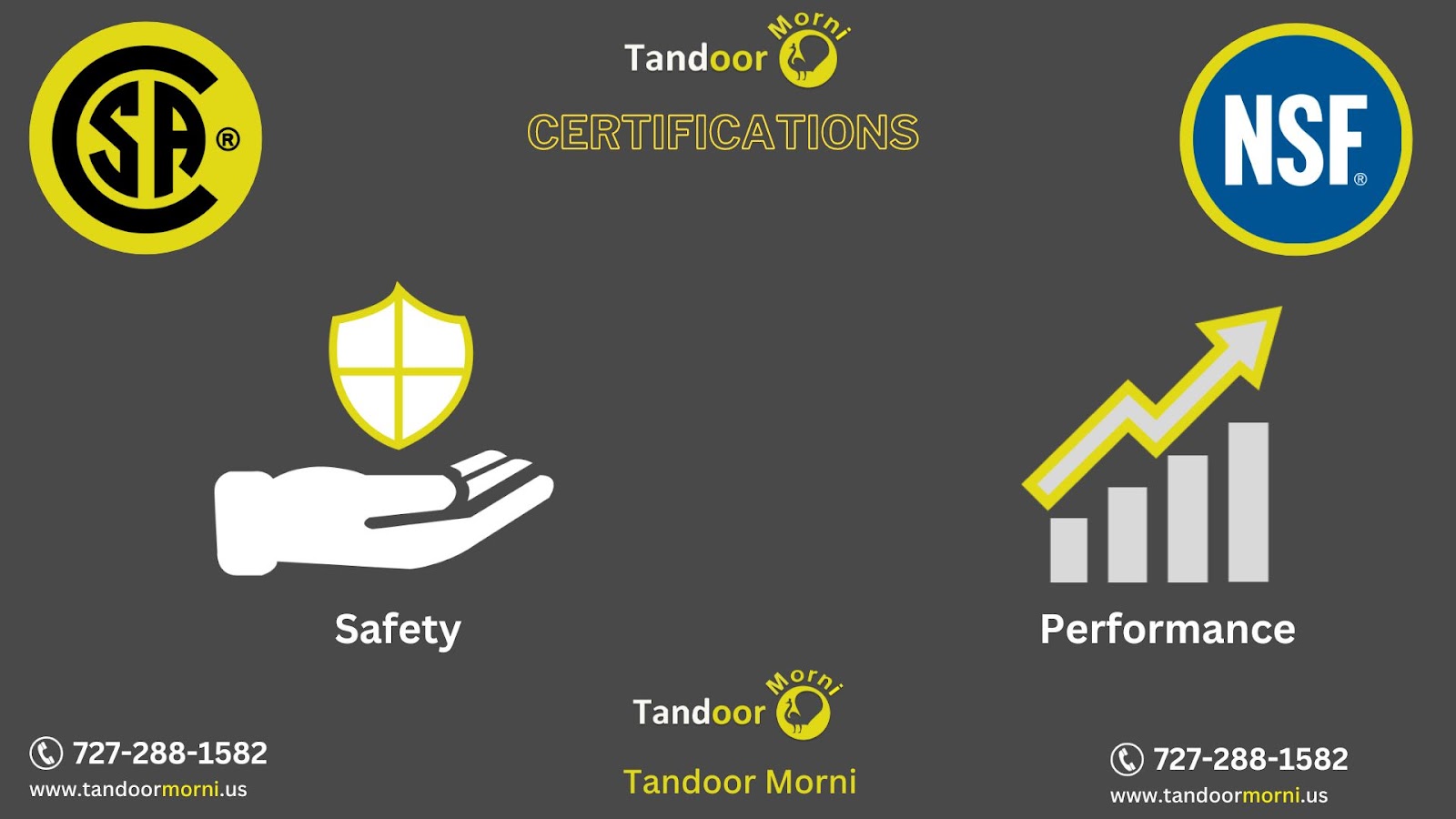 The CSA and NSF certifications confirm the tandoor's safety and functionality. Both certificates are required for the tandoor.