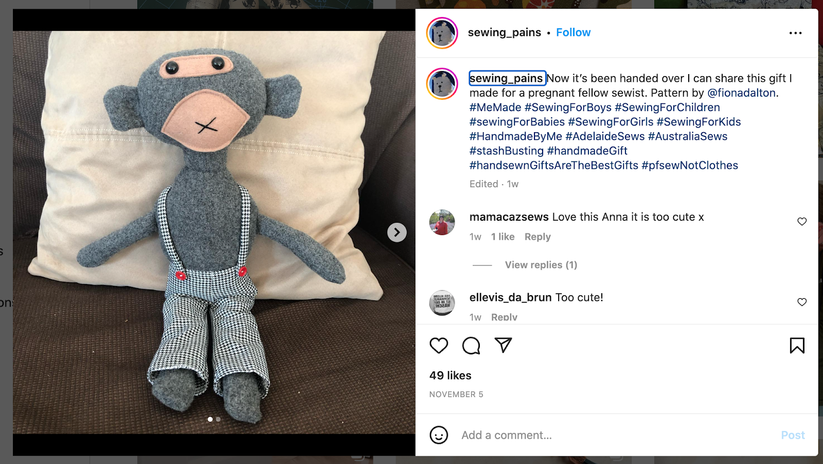 Instagram screenshot showing hand made monkey stuffed animal wearing pants with suspenders.