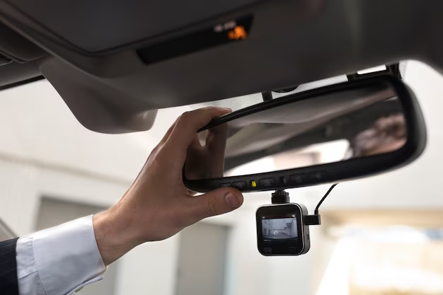 Interior view of a car showing the rearview mirror and a dashcam
