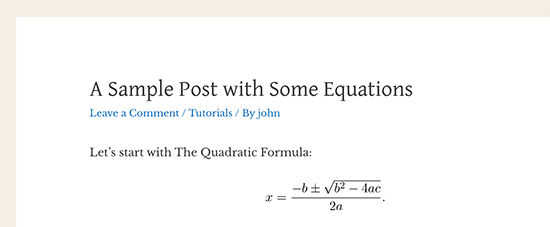 Uma equação matemática exibida no WordPress usando LaTeX