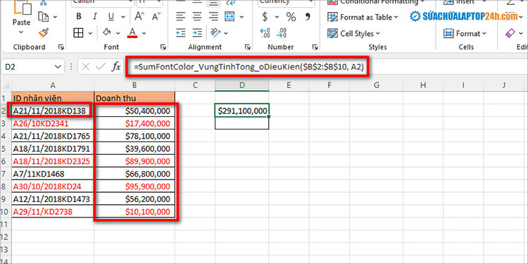 Nhập hàm như hình để tính tổng theo màu chữ đen trong Excel