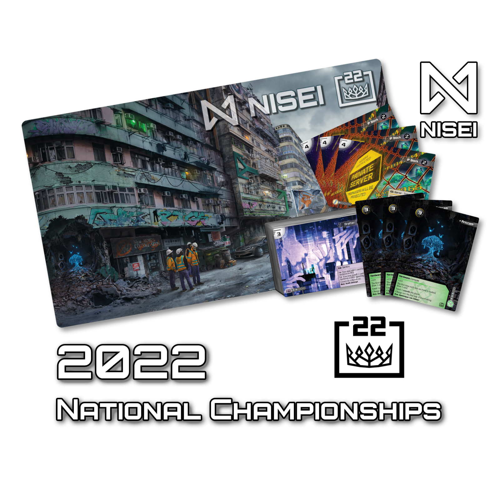 2022 National Championships prize spread, showing a playmat depicting slums and the cards Drafter, IP Block, and Aniccam