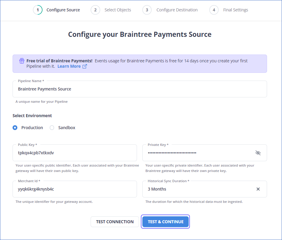 Braintree to BigQuery: Configure Braintree Payments Source