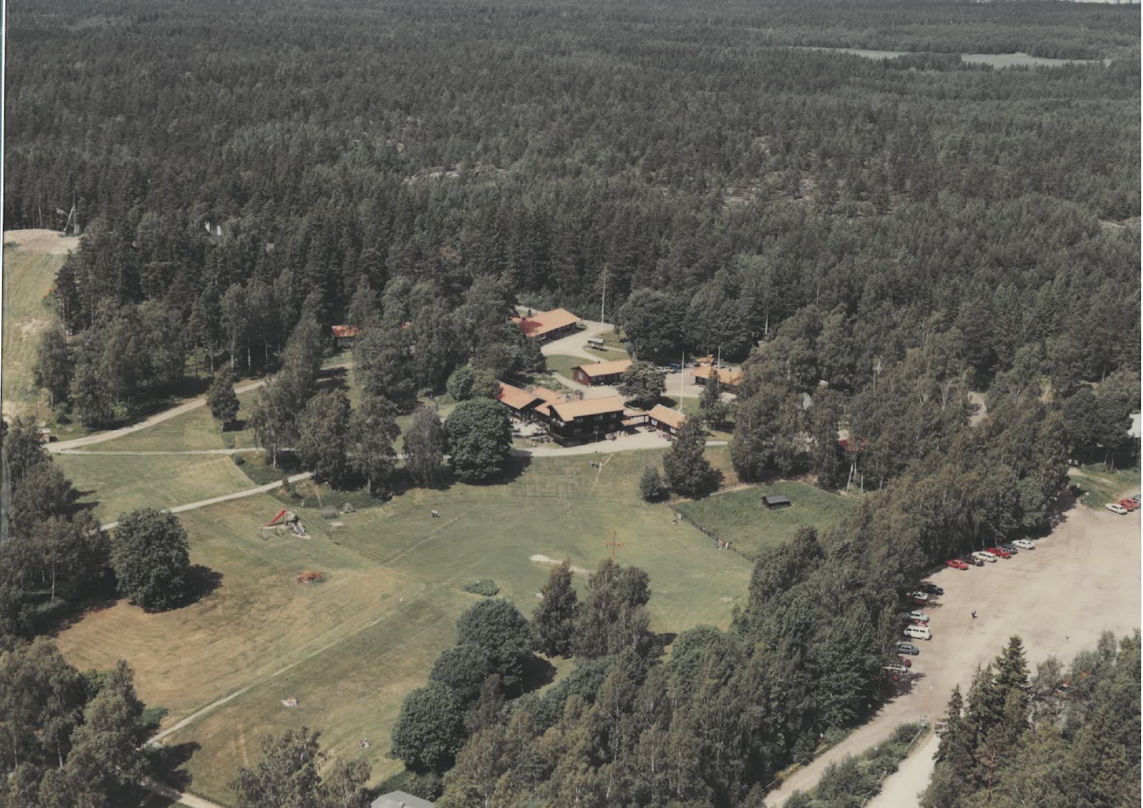 En gammal bild på bruna hus i skogen