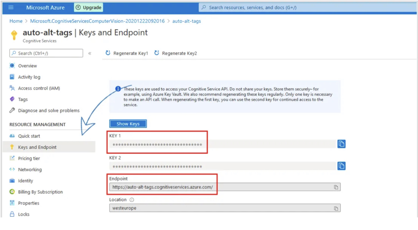 computer vision in azure keys for the api address