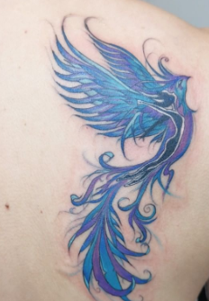 Back Shoulder Blue And Violet Phoenix Bird Acceptable Tattoo