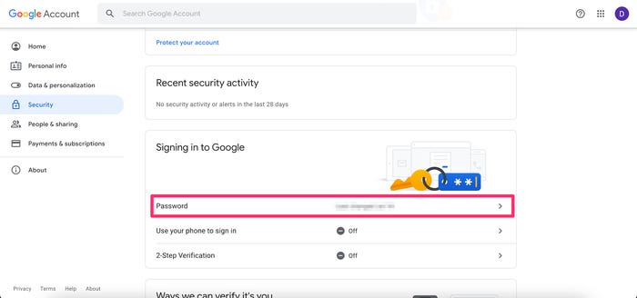 Screenshot of Security page on Google Account website