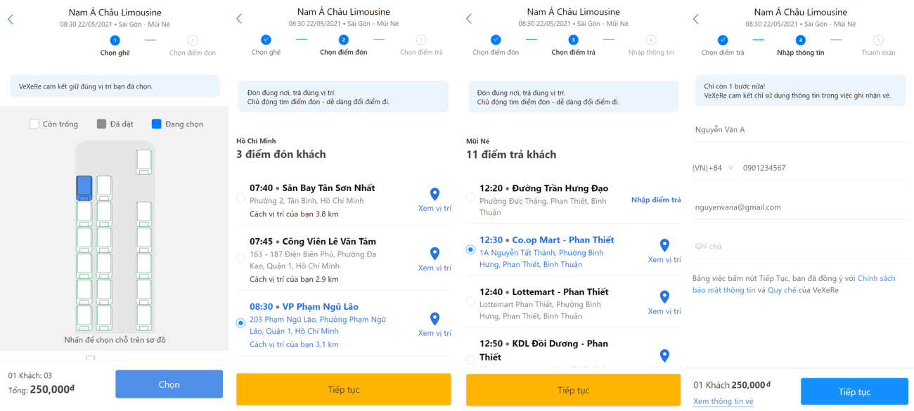 Chọn giờ, chỗ mong muốn, điểm đón/trả và điền đầy đủ thông tin.