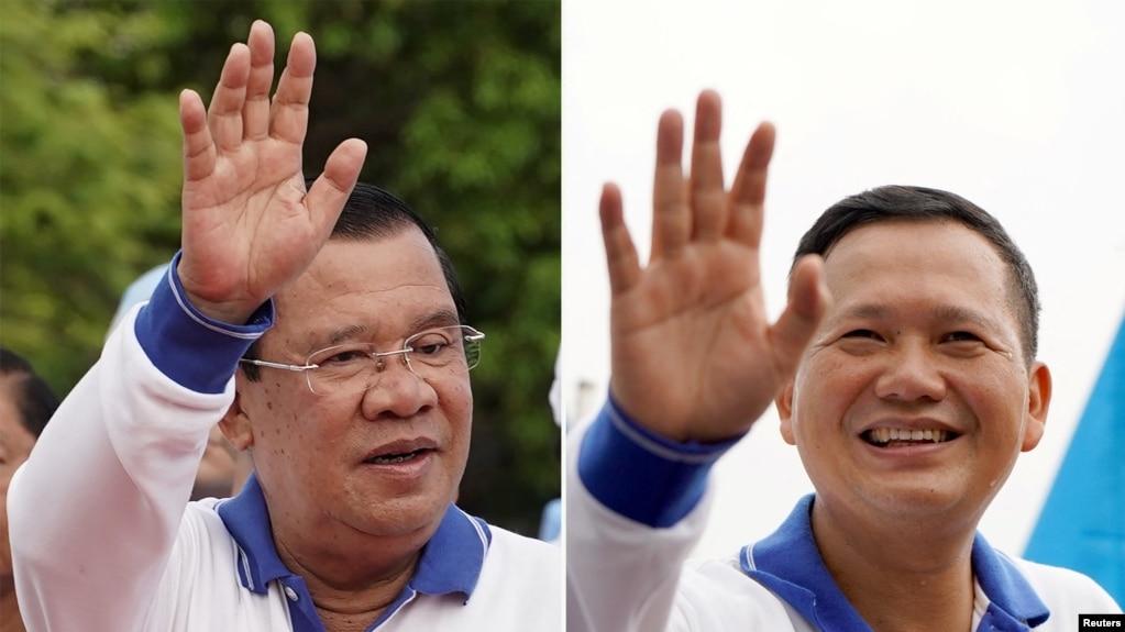 Ảnh phối hợp Thủ tướng Campuchia Hun Sen và con trai Hun Manet vận động tranh cử tại Phnom Penh.