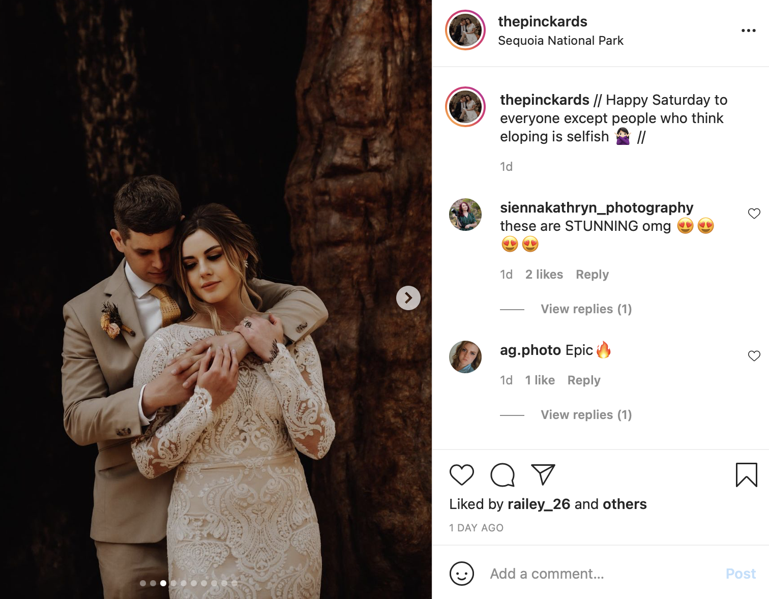 elopement photo with wedding instagram caption