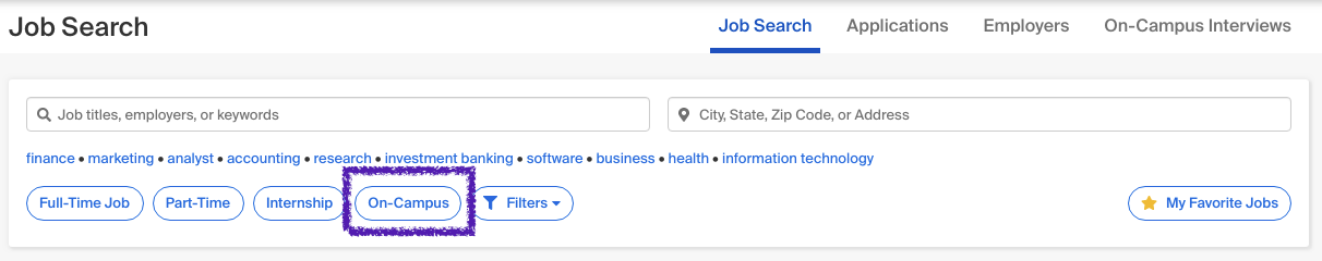 Screenshot emphasizing the "on-campus" button