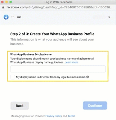filling in your business profile in the WhatsApp embedded signup