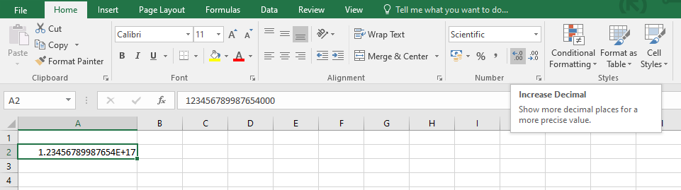 Excel displays the complete number
