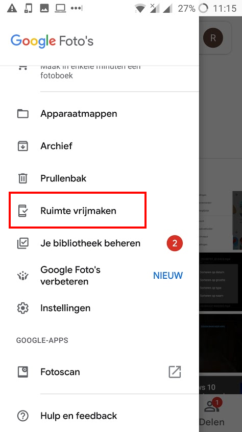 Ruimte vrijmaken op android