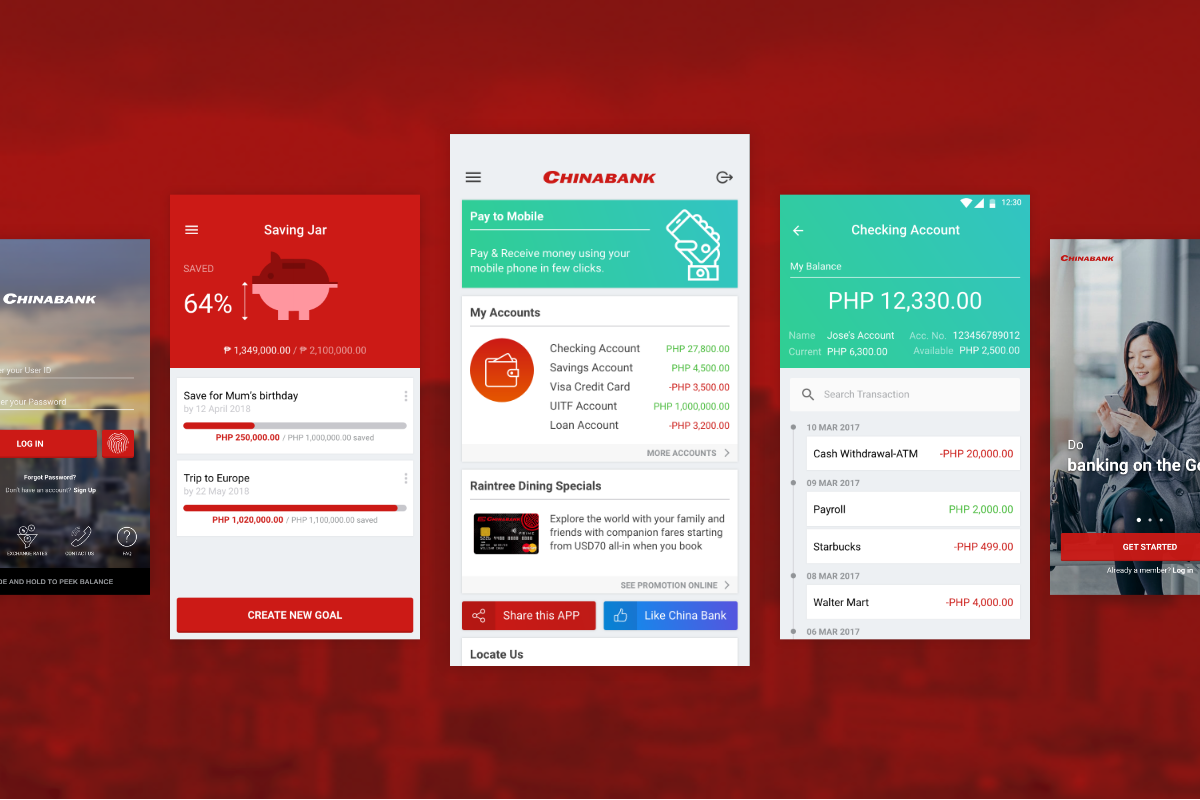 Five screenshots of China Bank's award winning mobile banking app that we helped create.
