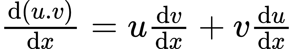 {"id":"22-0-0","code":"$\\diff{\\left(u.v\\right)}{x}=u\\diff{v}{x}+v\\diff{u}{x}$","font":{"family":"Arial","color":"#000000","size":12},"type":"$","ts":1598343499540,"cs":"Gyb7xa3pPc/JYUyDqEkVSw==","size":{"width":170,"height":28}}