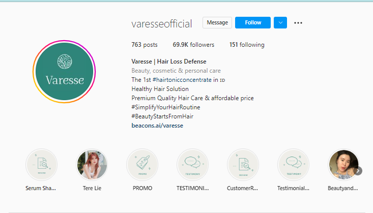 Contoh bio Instagram Varesse