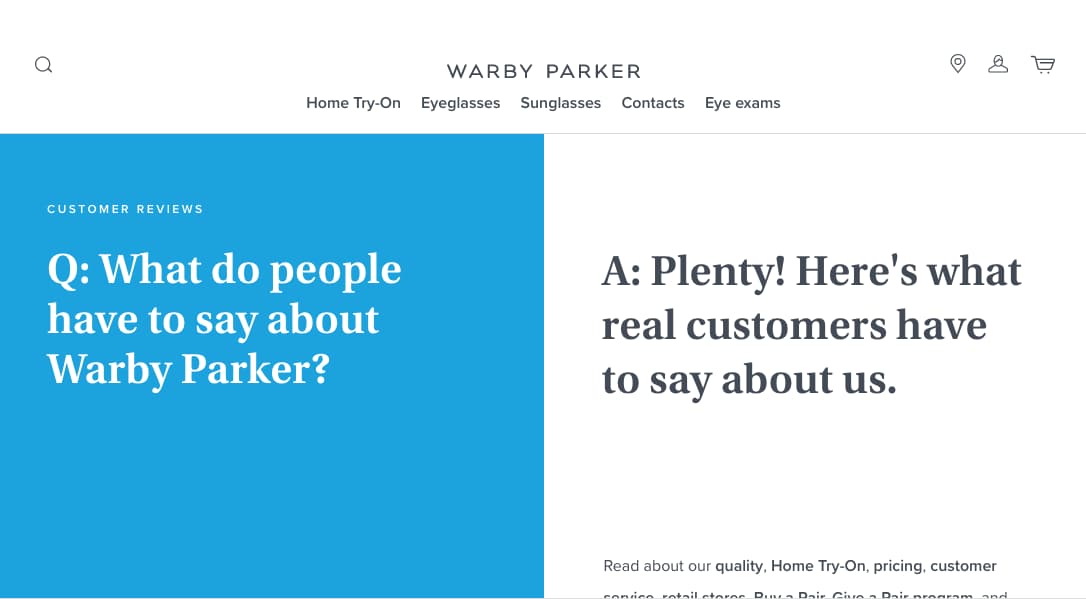 testimonial page examples - warby parker