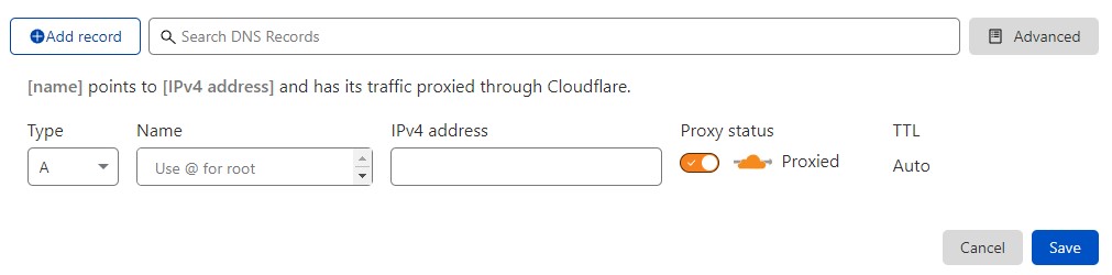 Registro DNS tipo A no painel do Cloudflare